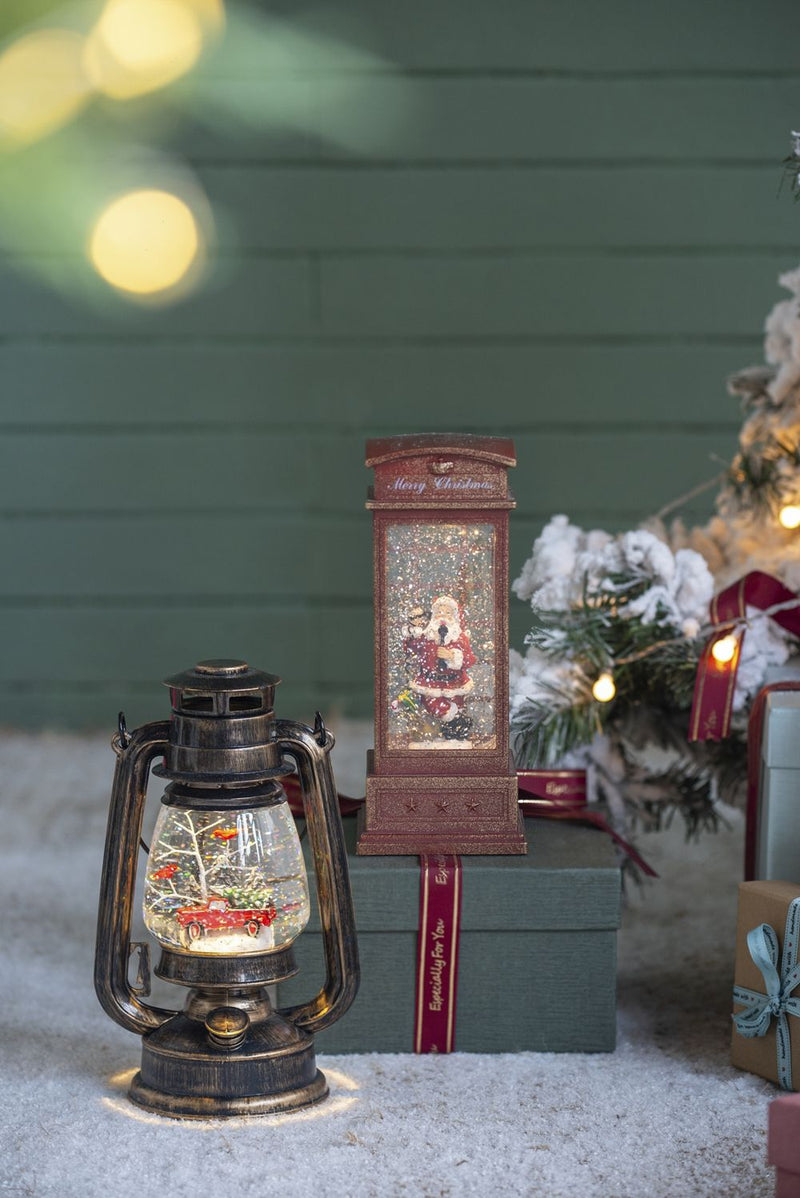Christmas Lighted Water Spinning Phone Booth With Santa On Phone, 3*AA Batteries Required - White / Red