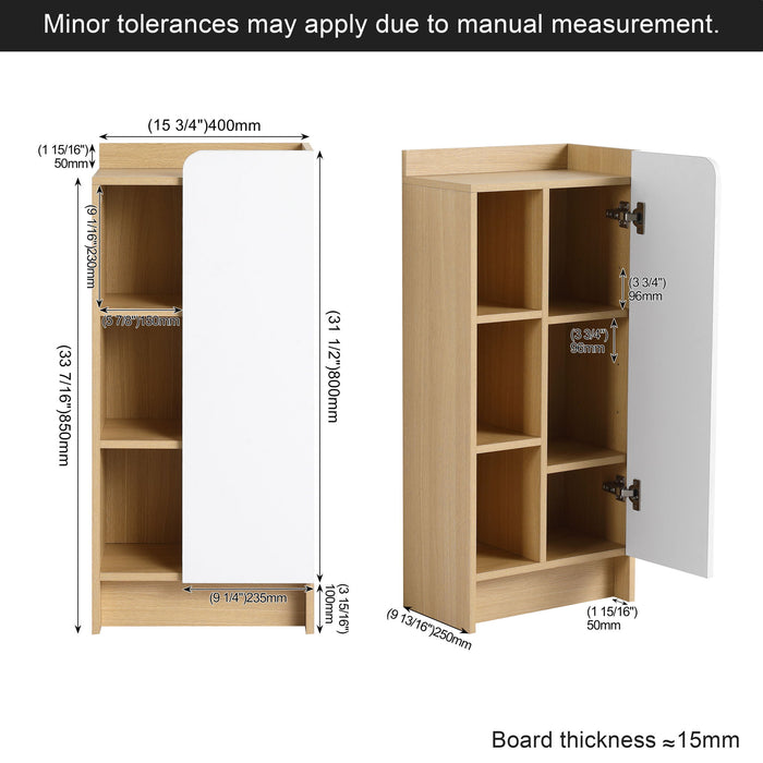 Freestanding Bathroom Side Cabinet, Narrow Storage Cabinet With Single Door & 3 Tier Open Shelves - Black / Light Oak / White