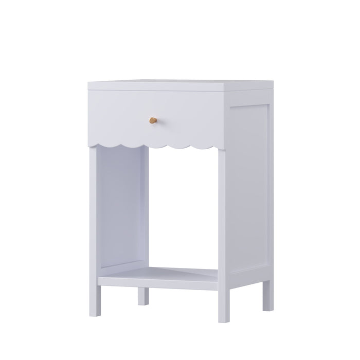 Nightstand With Drawer And Open Shelf, Scalloped Edge Bedside Table