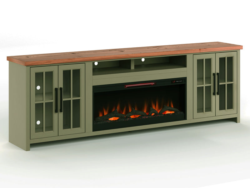 97" Fireplace TV Stand Console For TVs Up To 100" - Sage Green And Fruitwood Finish