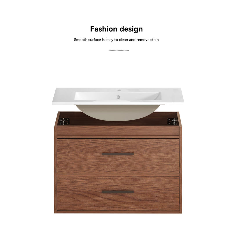 Wall Mounting Bathroom Vanity With Soft Close 2 Drawer, Sink - Reddish Brown