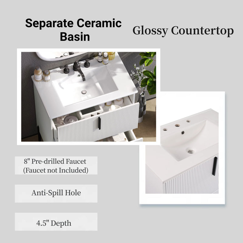 Bathroom Vanity With Ceramic Sink, Fluted Design