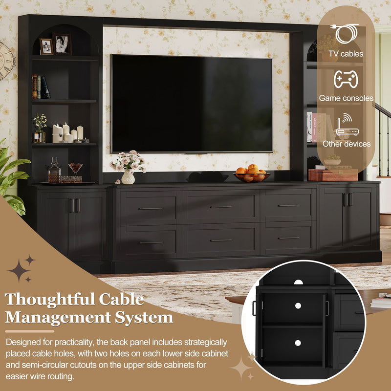 Arched Entertainment Center Wall Unit With 6 Drawers, Large TV Stand With Bookshelves