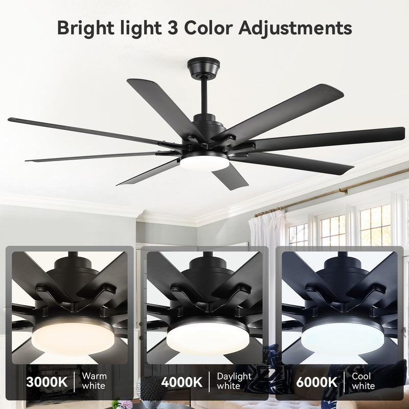 Ceiling Fan With Light 8 Blades, 18W LED 3 Color Dimmable Light, For Living Room & Bedroom - Matte Black