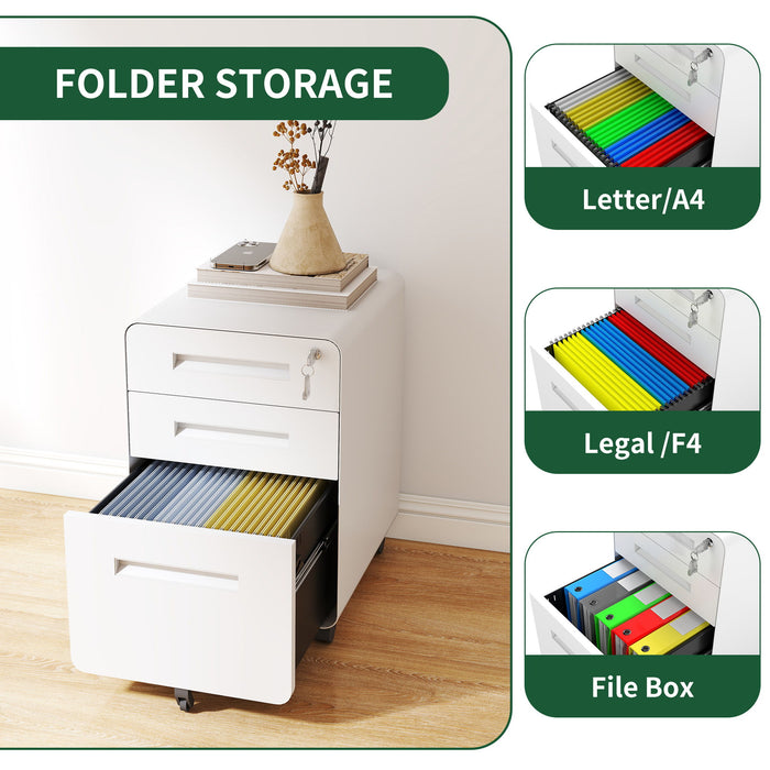 3-Drawer Mobile File Cabinet With Lock, On Casters, Holds A4/Letter Files