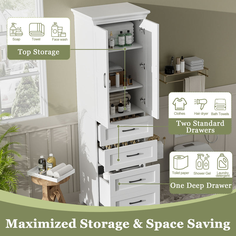 Bathroom Vanity With 2 Damping Hinge Doors, 3 Drawers, Adjustable Shelves - White