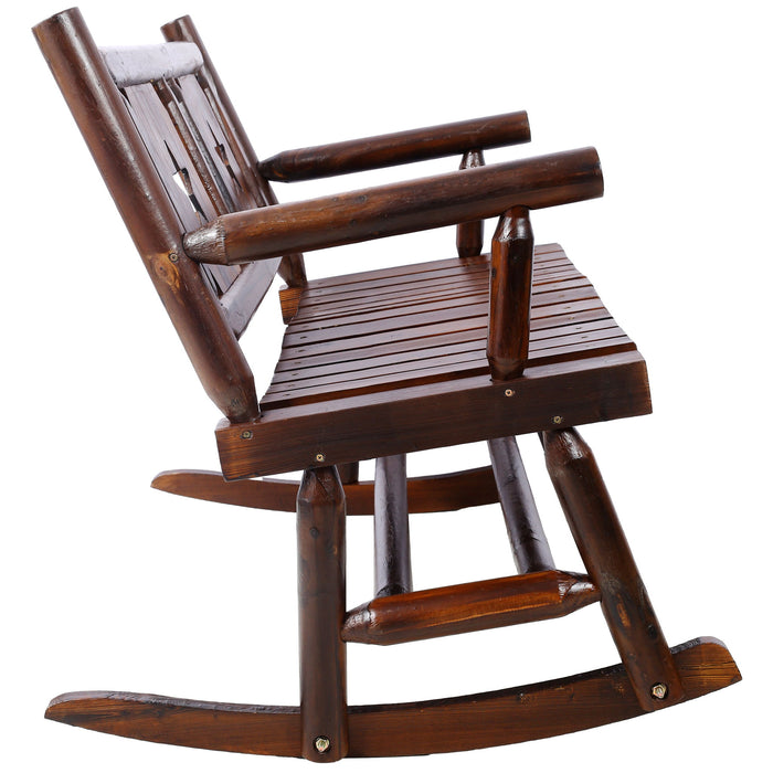 Rustic Outdoor Wood Rocking Bench Double Rocking Chair For 2 Persons With Curved Seat, Porch Rocker - Brown
