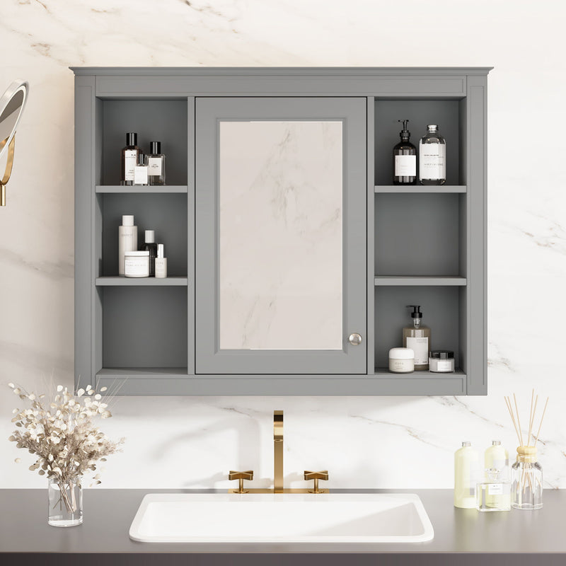 Wall Mounted Medicine Cabinet With Mirror, Storage Cabinet Featuring 6 Open Shelves And Adjustable Interior