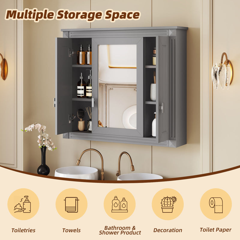Wall Mounted Bathroom Cabinet With Mirror And 5 Shelves, Rectangular Design