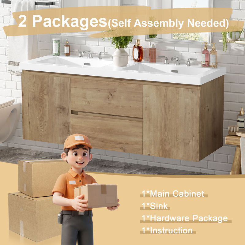 Double Sink Bathroom Vanity, Cabinet & Soft Close Doors, Divided Drawers, Wall Mounted Storage - Wood