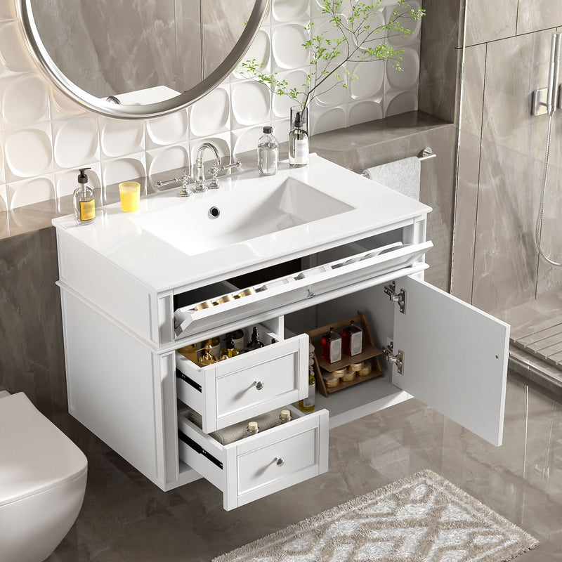 Wall Mounted Bathroom Vanity With 2 Drawers, 1 Tip Out Drawer, 3 Holes Sink