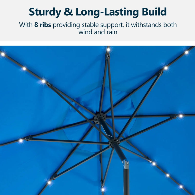 Solar LED Patio Umbrella With Crank Lift And Tilt, 8 Ribs, UV Resistant Canopy For Pool, Backyard & Patio (Without Base) - Blue