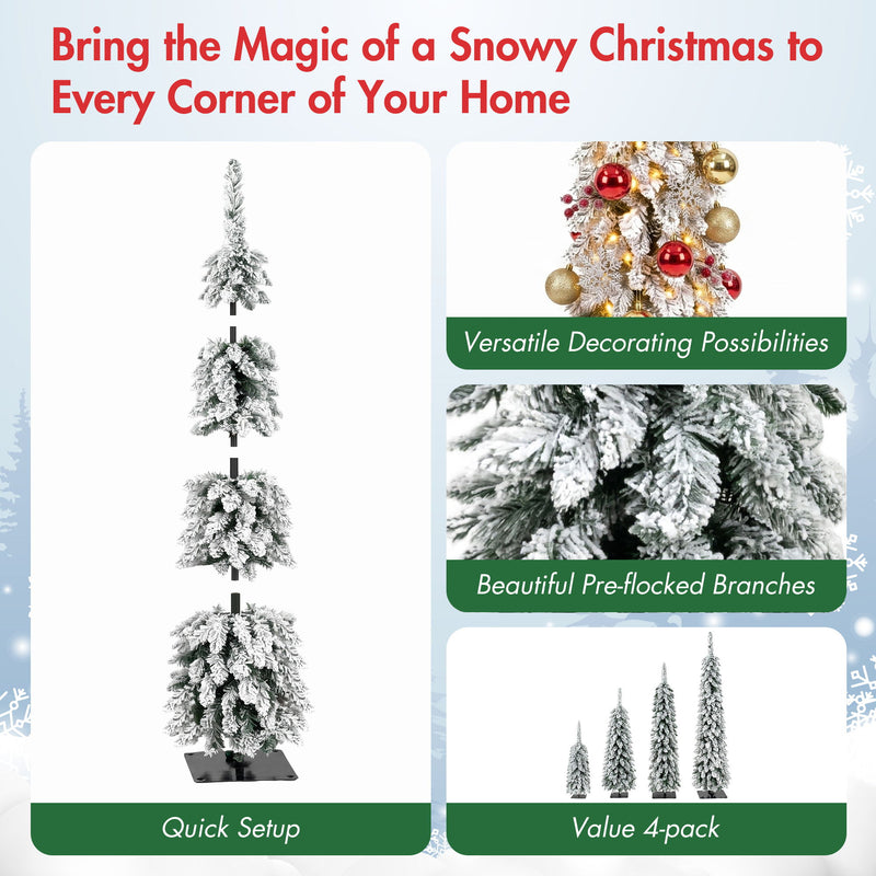 4 Pack Slim Pencil Christmas Trees With Snow Tips, Warm LED Lights, For Indoor Use - Green