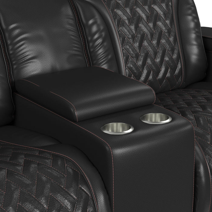 Prime Time P3 Loveseat with LED, wireless charger pocket, and Console in Jett Black with Red Stitching
