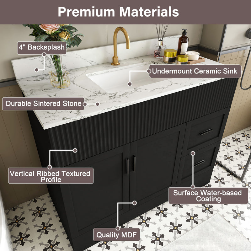 Bathroom Vanity Set, Fluted Cabinet, Soft Close Doors With Drawers, Single Faucet Hole, Sink Included - Black