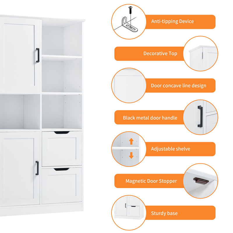 Freestanding Bathroom Storage Cabinet With Doors And Drawers, Adjustable Shelf, Open Shelves - White