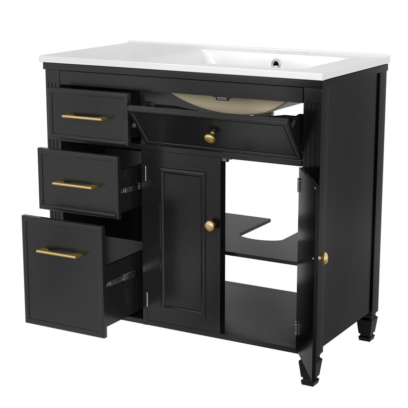 Modern Bathroom Vanity With Ceramic Sink, Freestanding, One Tip Out Drawer, 3 Side Drawers, Adjustable Shelf