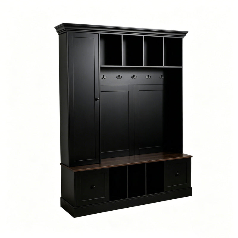 Hall Tree With Shoe Storage Bench, Entryway Coat Rack With 5 Hooks