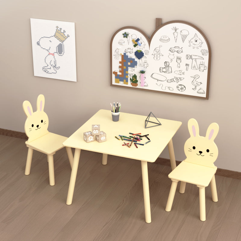 Table And Chair Set With 2 Bunny Chairs, Children's Activity Table For Toddlers, Cute Animal Design - Yellow