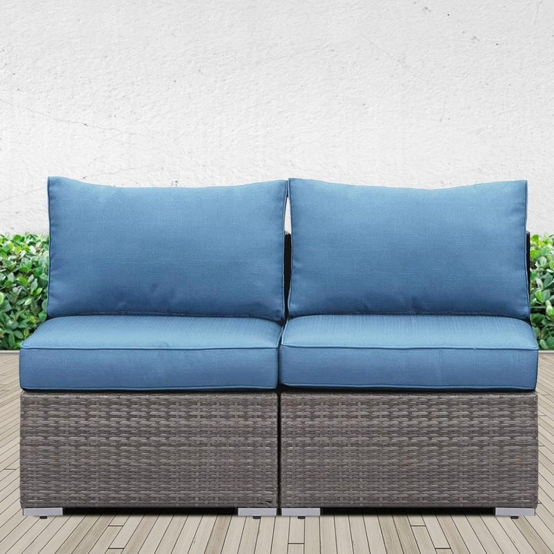 Armless Patio Sofa Set, With UV Resistant Frame And Waterproof Cushions - Blue / Brown