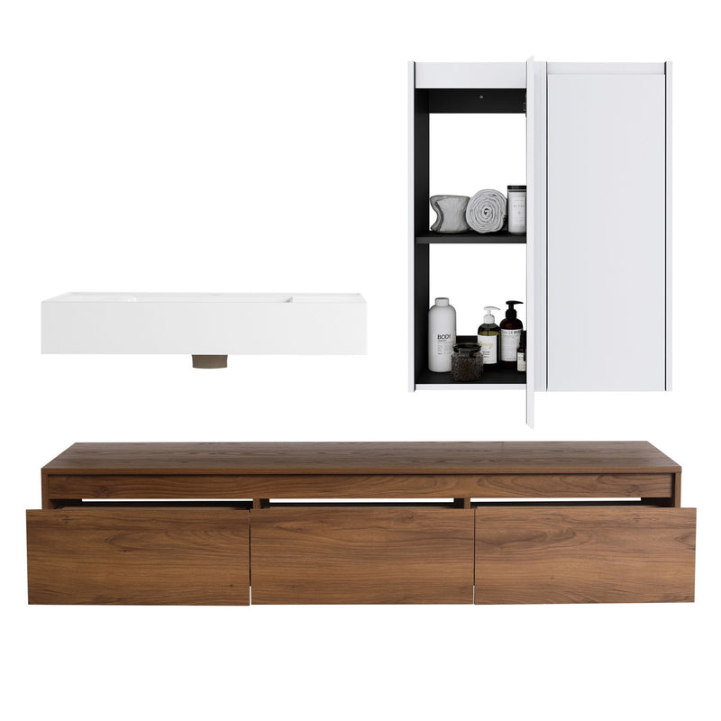Wall Mounted Bathroom Vanity With Resin Sink And 2 Side Cabinet, 3 Soft Close Drawer - Brown Ebony