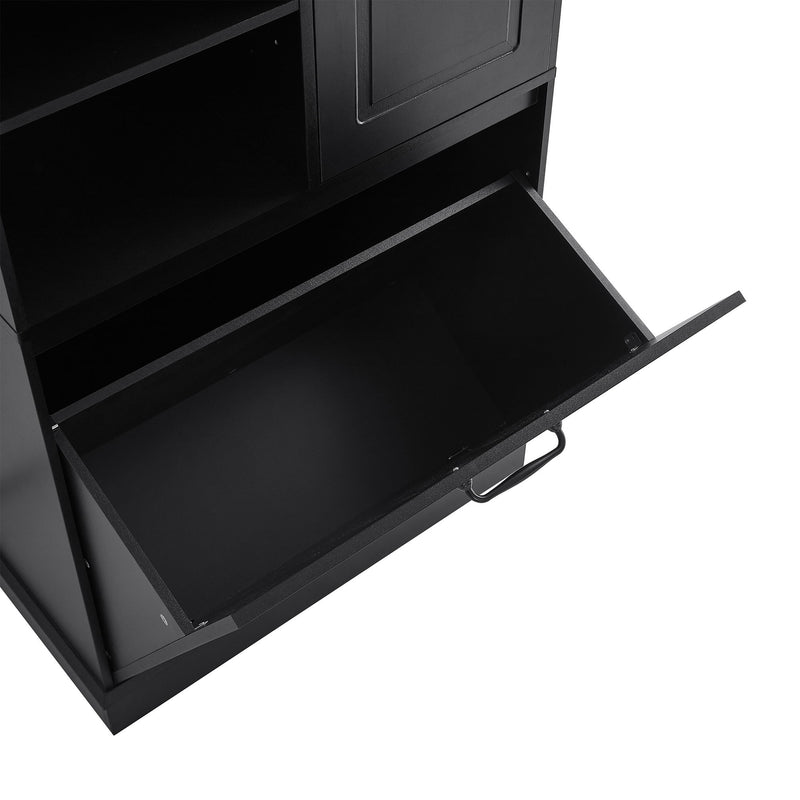 Modern Tall Storage Cabinet With Adjustable Shelves, Flip-Out Basket & Enclosed Doors