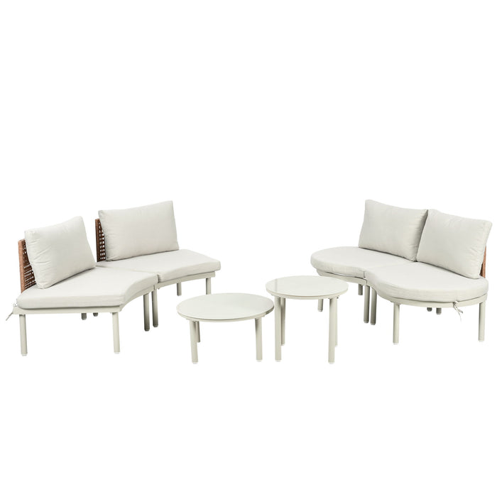 6 Piece Patio Set, Half Moon Outdoor Sectional Sofa With 2 High Low Coffee Tables, 4 Pillows & Cushions