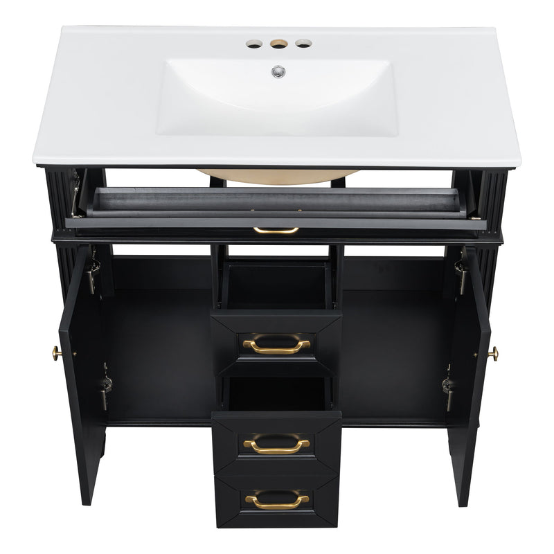 Bathroom Vanity With Sink, Flip-Out Top Drawer, Soft Close Doors, 2 Storage Drawers