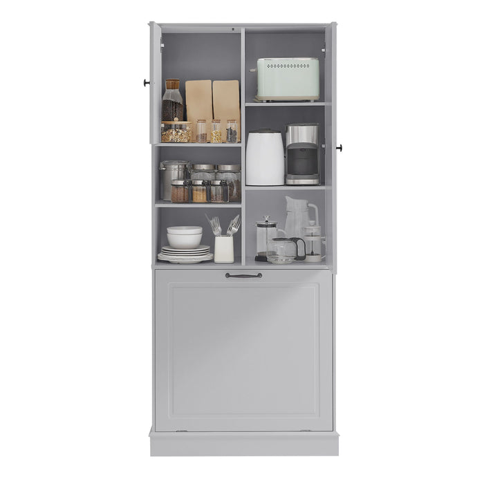 Modern Tall Storage Cabinet With Adjustable Shelves, Flip-Out Basket & Enclosed Doors