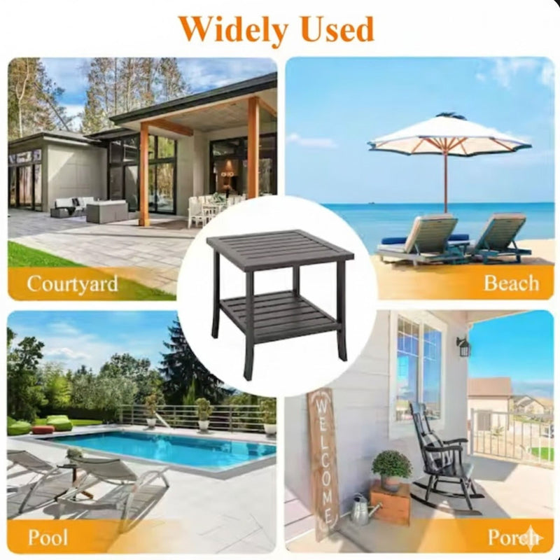 Square 2 Tier All-Weather Outdoor Side Table With Slatted Top