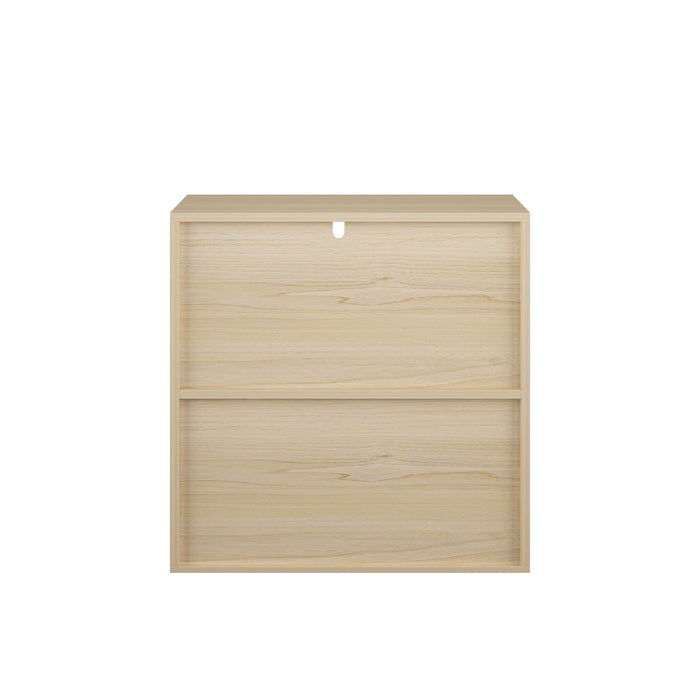 Storage Cabinet With Sliding Doors, 2 Tier Open And Closed Shelves Organizer - Natural / White