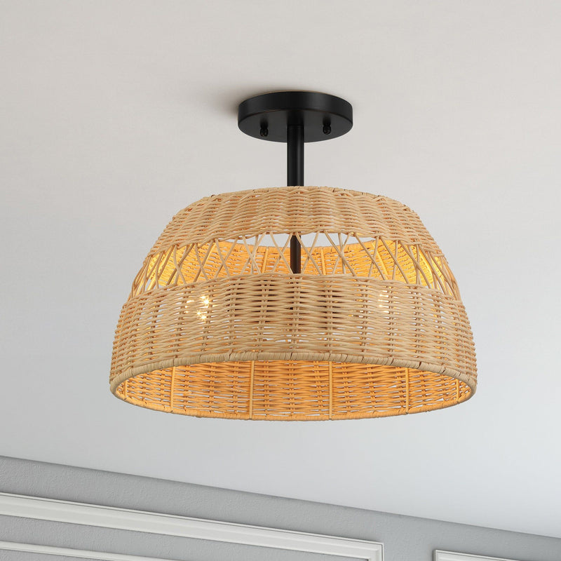 Twinkle - Double Lights Semi Flush With Shade - Black / Rattan