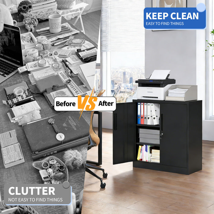 Heavy Duty Storage Cabinet With Lock, 2 Door File Cabinet With 2 Adjustable Shelves - Black