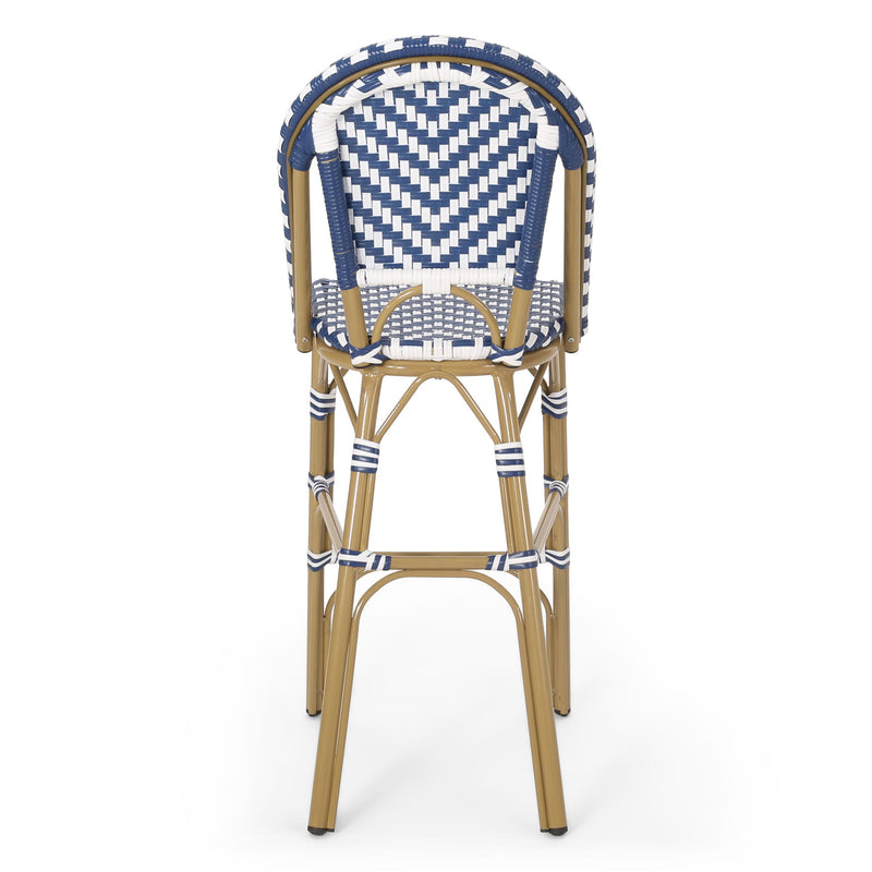 Outdoor Rattan French Barstool Set,, Bamboo, Seat Height - Navy Blue / White