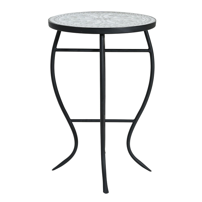 Outdoor Round Side Table With Mosaic Style Top And Curved Iron Legs