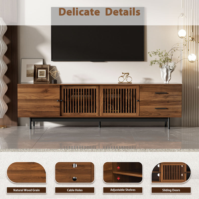 TV Stand, Media Console With 2 Drawers, Soft Closing Hinges, Adjustable Shelves, Slatted Design - Walnut