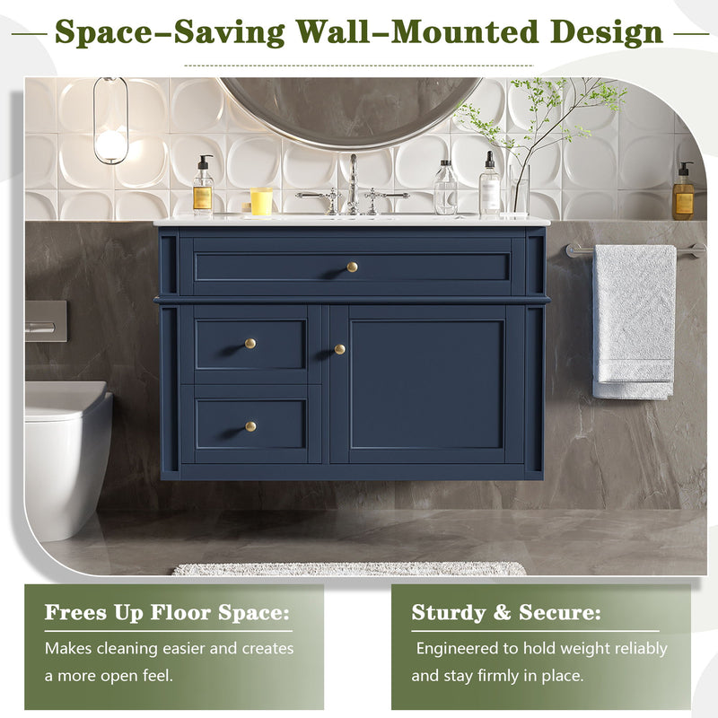 Wall Mounted Bathroom Vanity With 2 Drawers, 1 Tip Out Drawer, 3 Holes Sink