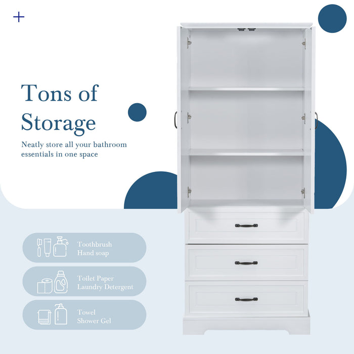 Tall Bathroom Storage Cabinet With 2 Doors And Drawers, Adjustable Shelf - White