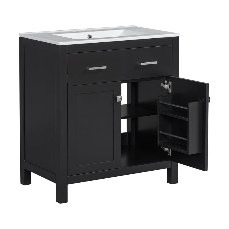 Bathroom Vanity With Ceramic Sink, Modern Single Bathroom Cabinet With 2 Doors And A Shelf, Soft Close Doors