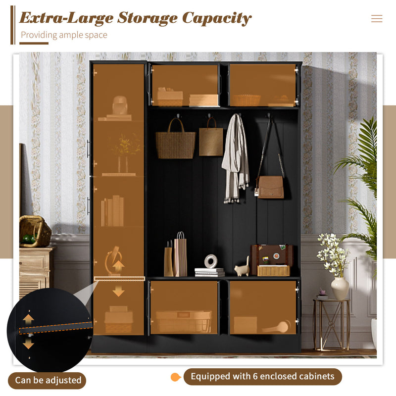Tall Hall Tree With Shoe Storage, 4 In 1 Entryway Bench With 6 Cabinets, 4 Coat Hooks & Adjustable Shelf For Hallway - Black