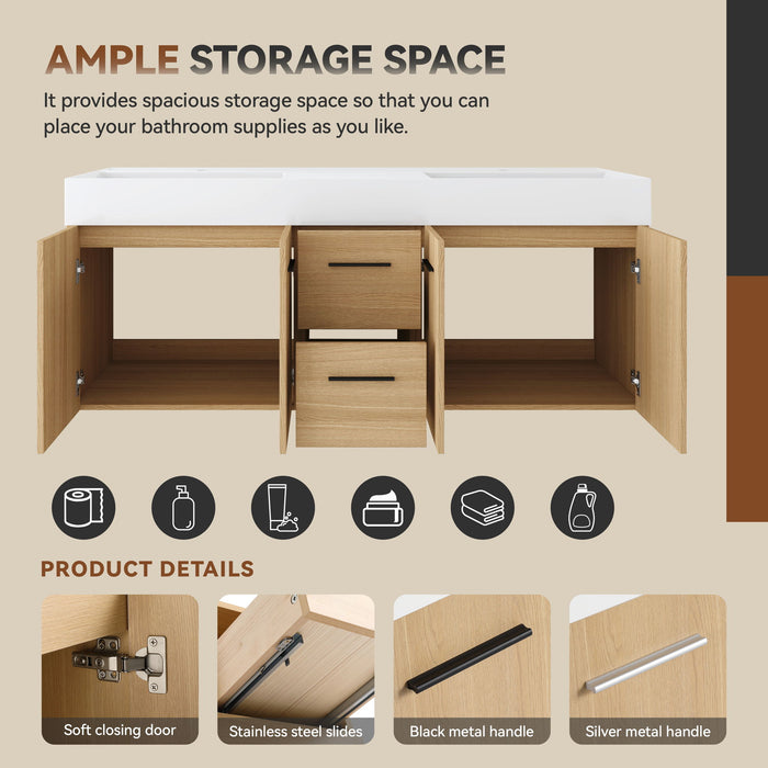 Floating Double Sink Bathroom Vanity With Drawers And Doors, Extra Large Storage, Integrated Sink, Soft Close Hardware - Glossy White / Light Oak