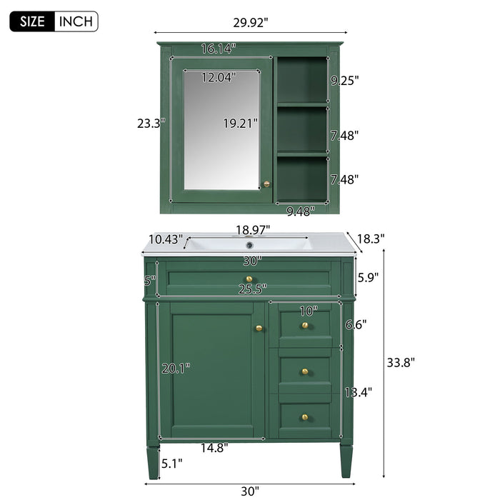 Bathroom Vanity With Top Sink, 2 Doors And 3 Drawers, Freestanding Set With Mirror Cabinet