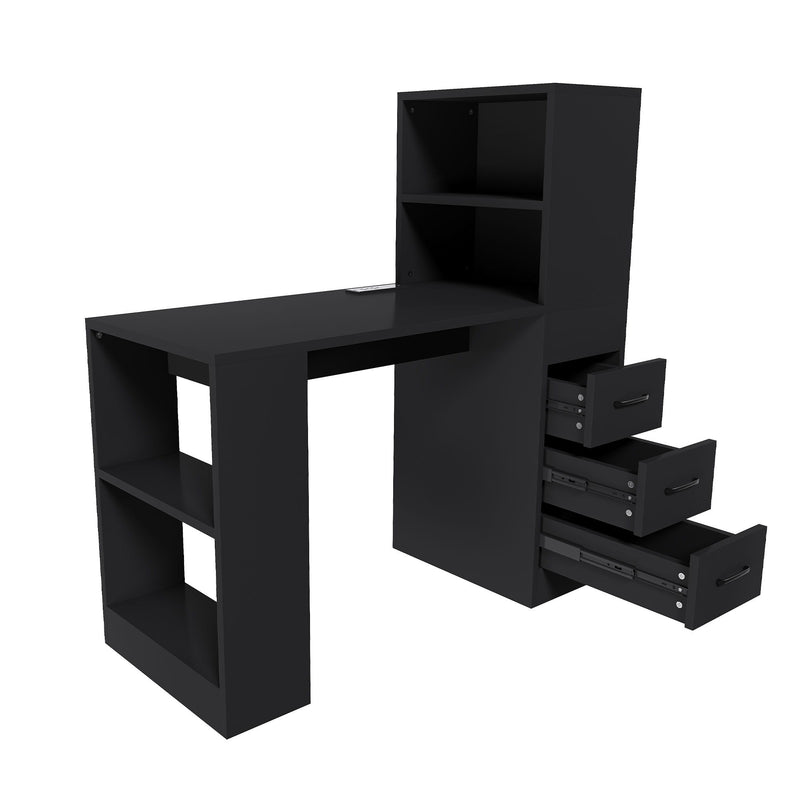 Computer Desk With 4 In 1 Socket, 3 Slide Drawers And 4 Storage Levels, For Home Office - Black