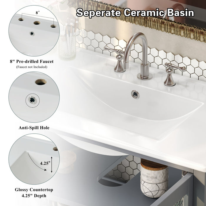 Bathroom Vanity With Ceramic Sink, Adjustable & Open Shelf