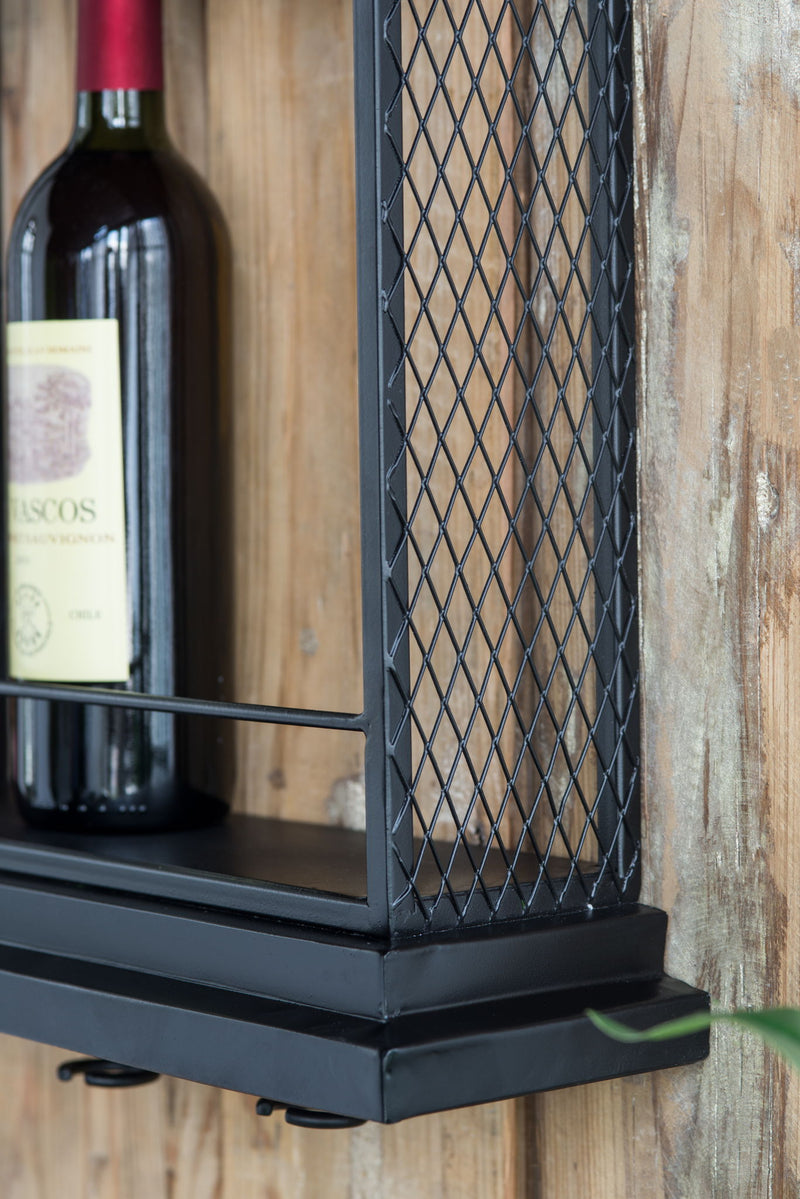 Floating Wine Bar Shelf With Glass Holder And Display Shelves - Black