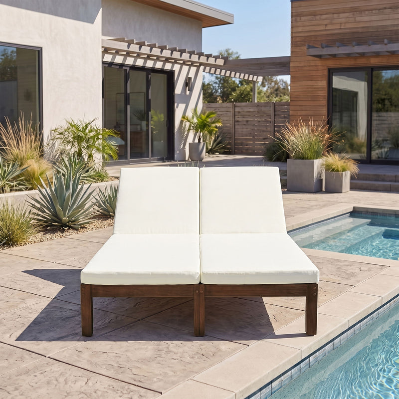 Adjustable Outdoor Patio Lounge Chair 2 Seater Recliner - Beige / Walnut