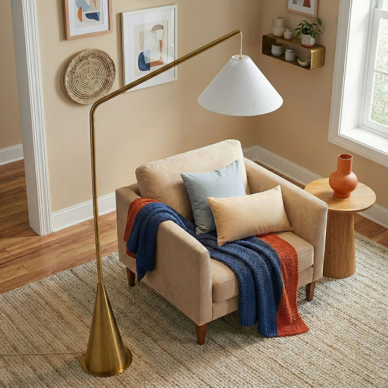Lisbon - Floor Lamp With On / Off Switch Coned Base Hanging Shade - Antique Brass / White