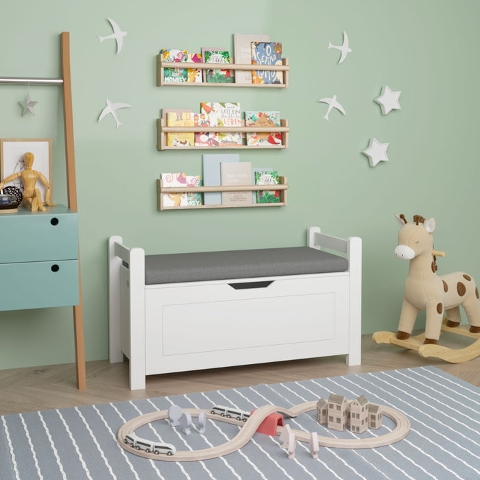Kids Toy Box Chest Storage Cabinet With Cushion Seat Bench Flip Top Lid Safety Hinge - White