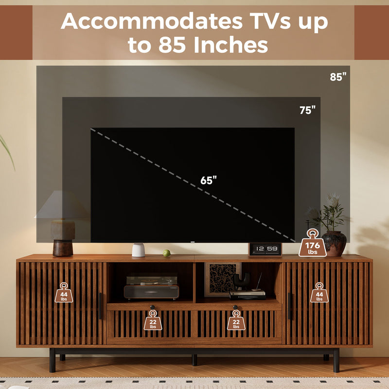 TV Stand, Entertainment Center With Slatted Doors, Cable Management, Soft Closing Hinges - Walnut