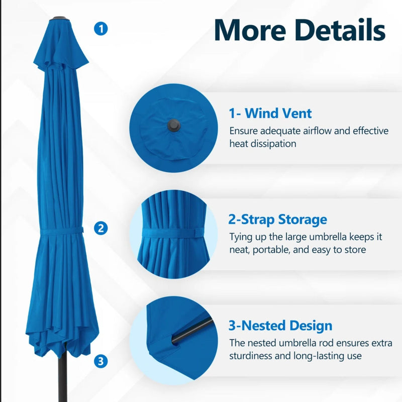 Solar LED Patio Umbrella With Crank Lift And Tilt, 8 Ribs, UV Resistant Canopy For Pool, Backyard & Patio (Without Base) - Blue